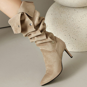 Botas de tacón alto fino de ante para mujer, por encima de la rodilla, con punta fina, talla grande 46, cremallera lateral y botones, con parte superior plegable - Product Image 3