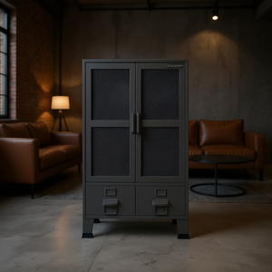 Armoire de rangement industrielle anthracite 27,6x15,7x45,3 cm, meuble de salon en métal avec 2 portes et 2 tiroirs - Product Image 2