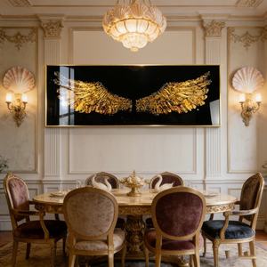 Venta al por mayor de fábrica: Cuadro de pared personalizado con diseño de ala dorada y paisaje, arte de pared LED de porcelana de cristal para sala de estar, impresión HD - Product Image 5