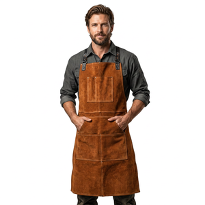 Leather Bib <b>Apron</b> With Multiple Pockets Classic Style For Work Use Brown Color - Product Image 2
