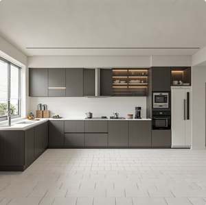 Ensemble de meubles de cuisine en contreplaqué gris importé, porte en verre laquée avec robinet, panier de rangement, design intégré, Chine - Product Image 1