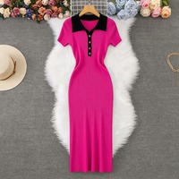 Robe longue moulante élégante en maille pour femme, col polo, color-block, style vintage, amincissante, pour l'été