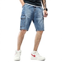 Nouveauté été 2020 Short droit taille mi-haute grande taille pour homme, décontracté et tendance, multi-poches, en denim nylon/coton délavé moyen