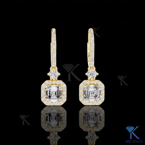 Lab Grown Diamond Asscher Cut Halo Drop Filled <b>Earrings</b> Pave <b>Hoop</b> Leverback 18K <b>Solid</b> Gold Classic Fine Women's Jewelry Bridal - Product Image 1