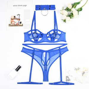 Wholesale Hollow Out Bandage 4 Pieces Lingerie <b>Set</b> <b>Sexy</b> Neck Lace Heavy Complex Bra and Panty <b>Set</b> - Product Image 6