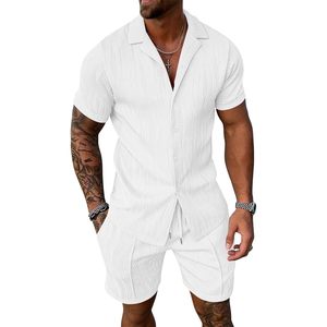 Conjunto de Camisa de Manga Corta y Pantalones Cortos de 2 Piezas para Hombre FOXA, Atuendo Casual de Verano para la Playa, Tejido de Algodón Transpirable - Product Image 1