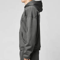 Sweat à capuche zippé gris premium pour homme, coupe droite, délavé, décontracté, long, doublé polaire, avec coutures contrastées, personnalisable