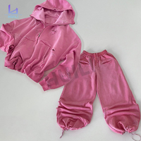 Setelan Olahraga Wanita 2 Potong Model Longgar dengan Logo Kustom, Bahan French Terry Tebal, Celana Panjang dan Hoodie Oversize Warna Pink dengan Ritsleting