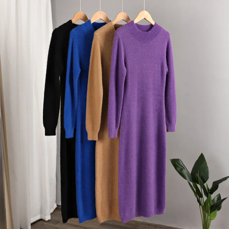 Luxury Mink Cashmere Bodycon Dresses For Women Long Knit Sweater Dress Korean Fashion Winter Thick Warm Maxi Midi Dress