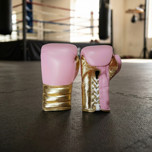 <b>Pink</b> and Gold PU Boxing Gloves Full Finger Lace-Up Wrist Closure Unisex Martial Arts Gear - Product Image 4