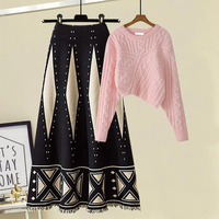 Nouvelle collection automne-hiver : ensemble deux pièces pour femmes, pull en tricot à col rond et jupe ample