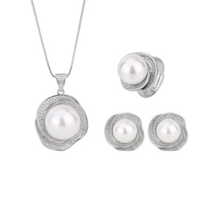 Fashion Eco-friendly Copper White Shell Pearl Flower Geometric Pendant <b>Earrings</b> Ring <b>Set</b> Imitation Pearl Jewelry <b>Set</b> for Women - Product Image 1
