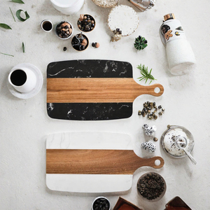Planche à découper rectangulaire en bois d'acacia avec incrustation de marbre, avec longue poignée, pour steak, fromage, fruits - Product Image 3