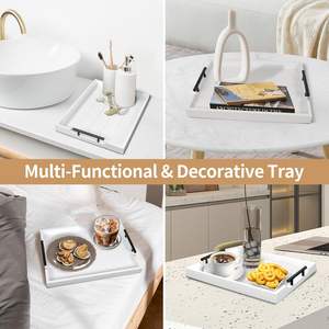 Grand plateau ottoman pour salon - Plateau <span class=keywords><strong>de</strong></span> service en bois avec poignées (2 ensembles) - 4 sous-verres inclus, blanc - Product Image 4