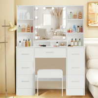 Ensemble de chambre à coucher vintage avec coiffeuse moderne de luxe, éclairage LED réglable, miroir de maquillage, rangement, usage spécifique, commode