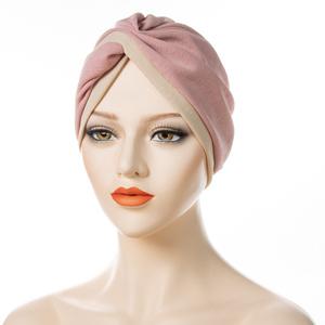 Gorro de turbante elástico para mujer, turbante africano, hiyab, quimio, turbante cruzado de dos colores - Product Image 3