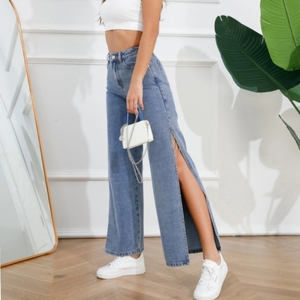 Summer New Women's High Waist Wide Leg Denim Pants Cotton Breathable Sexy Long Split Hem Straight Leg Fashion Jeans Pants - Product Image 2