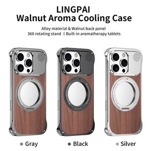 เคสโทรศัพท์แม่เหล็กไร้ขอบ วัสดุไม้วอลนัท อะลูมิเนียม และโลหะ สำหรับ iPhone 16 Pro Max พร้อมขาตั้งวงแหวนหมุนได้ 360 องศา ป้องกันการกระแทก - Product Image 2