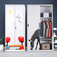 Armoire de chambre moderne pour garçons et filles, armoire de rangement de vêtements à 2 portes coulissantes, motif imprimé, armoire en acier, Lemari Pakaian Besi