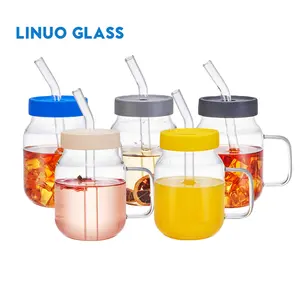 Linuo Custom Logo Borosilicate Glass Mason Jar Cups With Silicone Lids And Straw With Handle