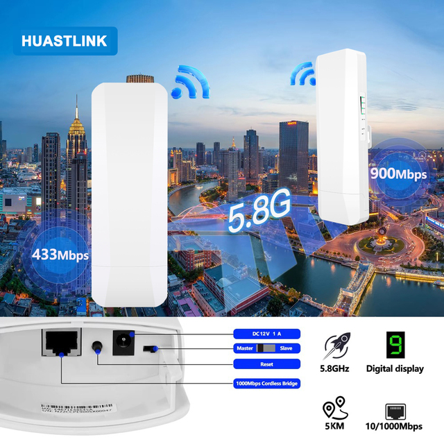 Huastlink 5km Wireless Outdoor Bridge 5.8GHZ 900Mbps Point to Point Gigabit 14dBi Antennas Wifi Bridge Data Transmission