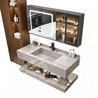 Ensemble de meuble-lavabo de salle de bain moderne de luxe en pierre frittée avec miroir intelligent, meuble-lavabo mural flottant pour appartement et hôtel