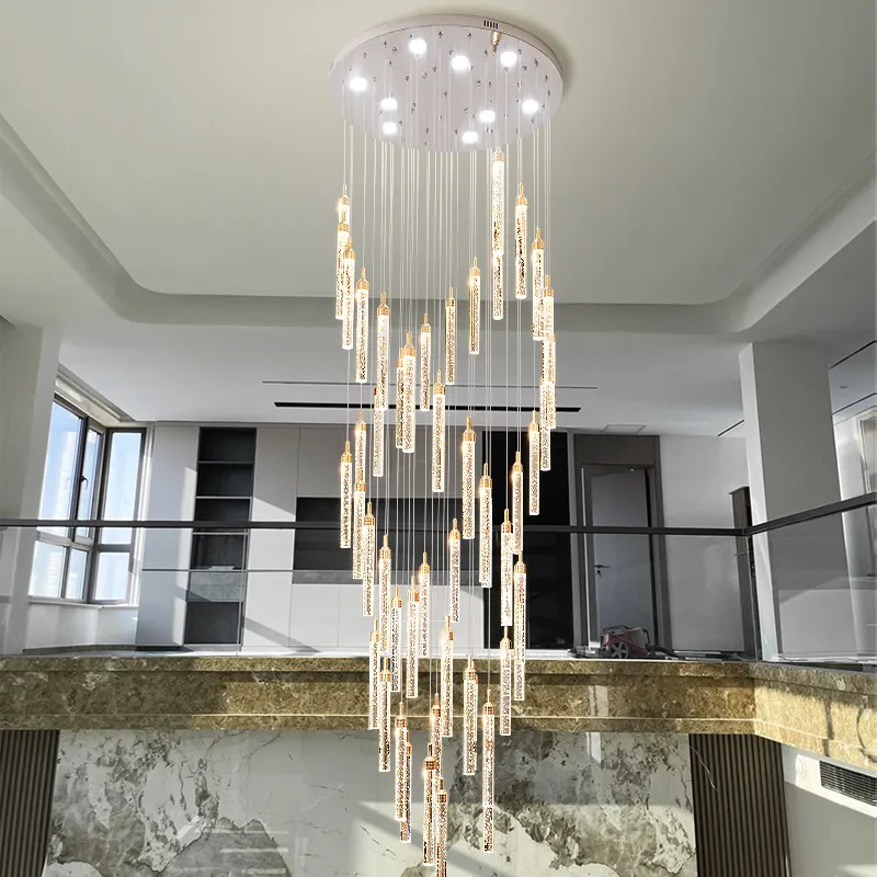 2024 New Modern Luxury Big Long Living Stairs Foyer Gold Silver Long Crystal LED Chandelier