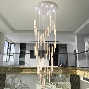 2024 New Modern Luxury Big Long Living Stairs Foyer Gold Silver Long Crystal LED Chandelier