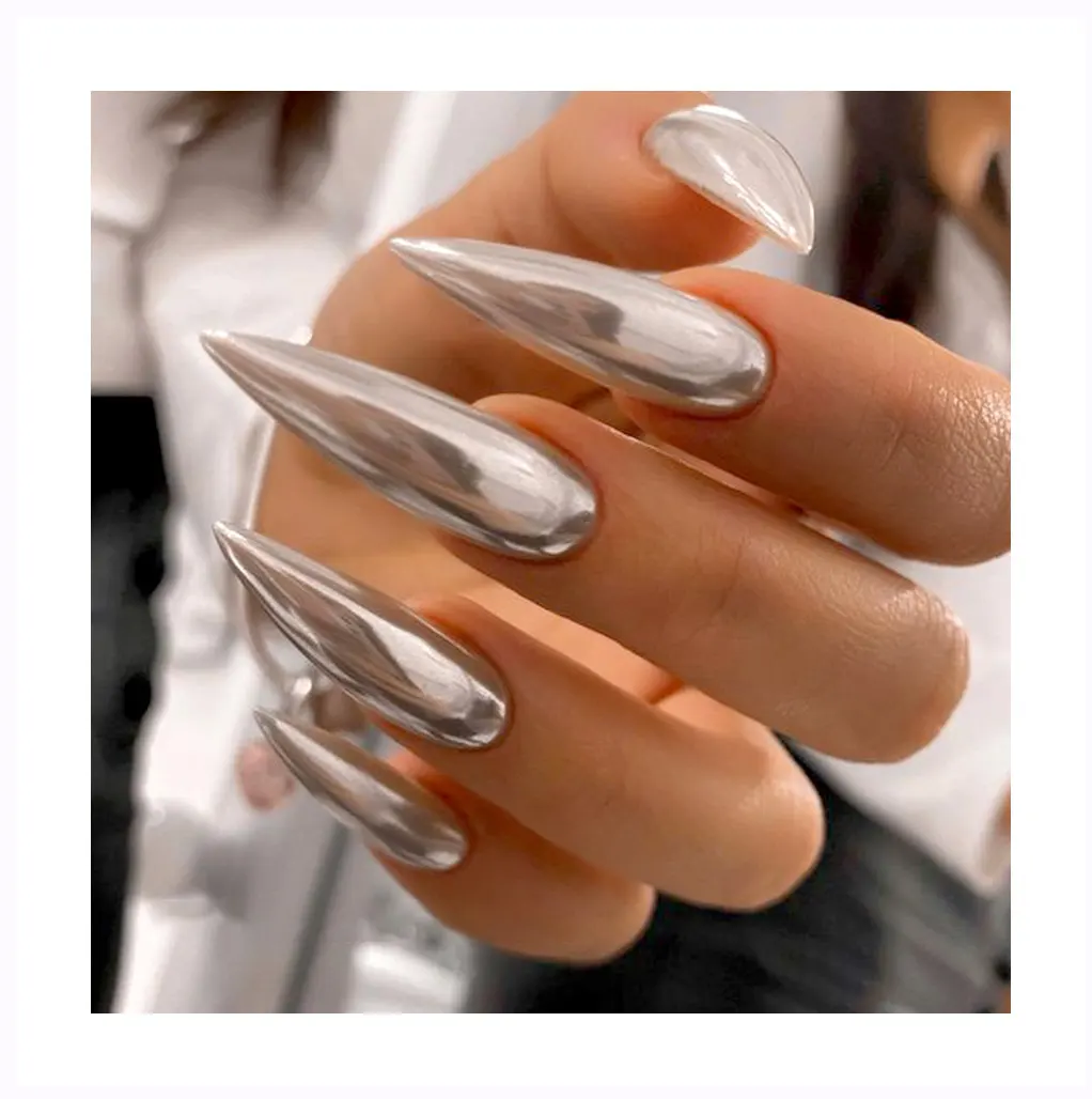 2023 Ins Bestseller Extra Groß zum Tragen Silber Glänzend Lange Stiletto Form Modische Blickfang Glamnetic Press On Nails