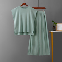 Ensemble deux pièces d'été pour femmes Taille unique en tricot à manches courtes Pull-over confortable Pantalon décontracté Mode Costume ample