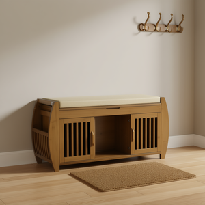 Bamboo Entryway Shoe <b>Bench</b> With Cushion 3 Door <b>Storage</b> Rack For Home <b>Hallway</b> Furniture Modern Asian Design - Product Image 2