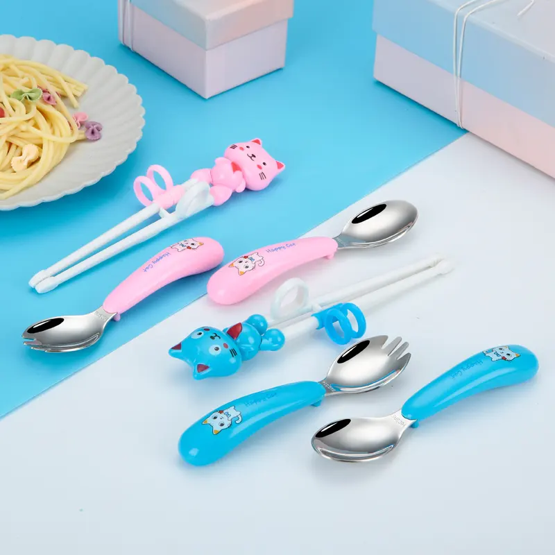 Creative Portable Cartoon Cutlery Fork Spoon Stainless Steel Children Tableware Baby practice chopsticks Cutlery 3 pieces / set