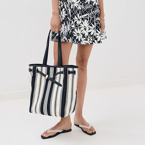 Casual Women's Striped Canvas Tote Bag Custom Logo Leather Trim Shopping Shoulder Bags Travel Weekender Cotton Canvas <b>Handbags</b> - Product Image 6