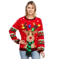 Penjualan Laris Sweater Wanita Kerah Bulat Sweter Natal Jelek dengan Bohlam Lampu Leher Kru Pullover Rajutan Pola Gaya Natal