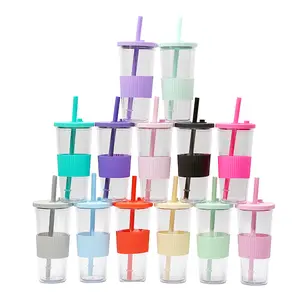 Smoothie Tumbler Boba Bubble Tea Cup as Plastic Custom Reusable Double Wall Insulated 24 Oz Large Size Mugs for 1 Users Party PS