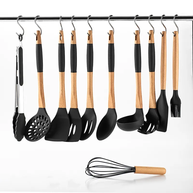 Hot sale 11 pcs silicone utensil set for cooking with antislip wooden handle free hook