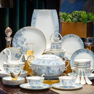 ชุดจานชามเซรามิกลายกระดูกจีนขอบทองชุดรับประทานอาหารเครื่องเคลือบลายราชวงศ์หรูหรา - Product Image 1