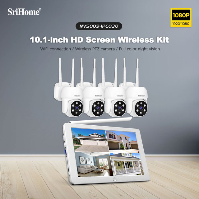 NVS009 Wireless Security Camera 4 Channel NVR 10.1 Inch LCD Monitor CCTV Camera System Kit Supports 2-way Audio