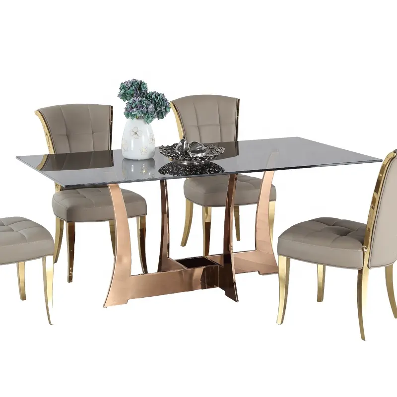 أثاث غرفة العشاء الحديثة، طاولة زجاجية، طاولة مستطيلة من الفولاذ المقاوم للصدأ مع مجموعة كراسي