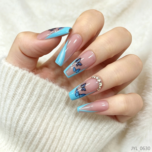 <span class=keywords><strong>Faux</strong></span> ongles papillon personnalisés à presser, forme cercueil, <span class=keywords><strong>bleu</strong></span> <span class=keywords><strong>ciel</strong></span>, French manucure, <span class=keywords><strong>faux</strong></span> ongles nude, strass brillants, gel, vente en gros OEM - Product Image 1