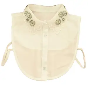 Detachable Fashion White Women Shirts Faux Collar Chiffon Fabric with Crystal Rhinestone collars