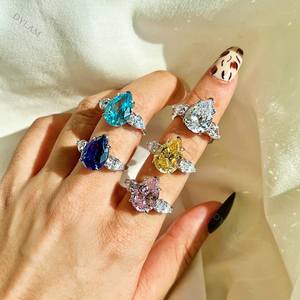 Dylam Luxury High Carbon Diamond Pink Blue Topaz Promise taglio a pera fidanzamento matrimonio anelli colorati in argento Sterling 925 con zirconi - Product Image 4