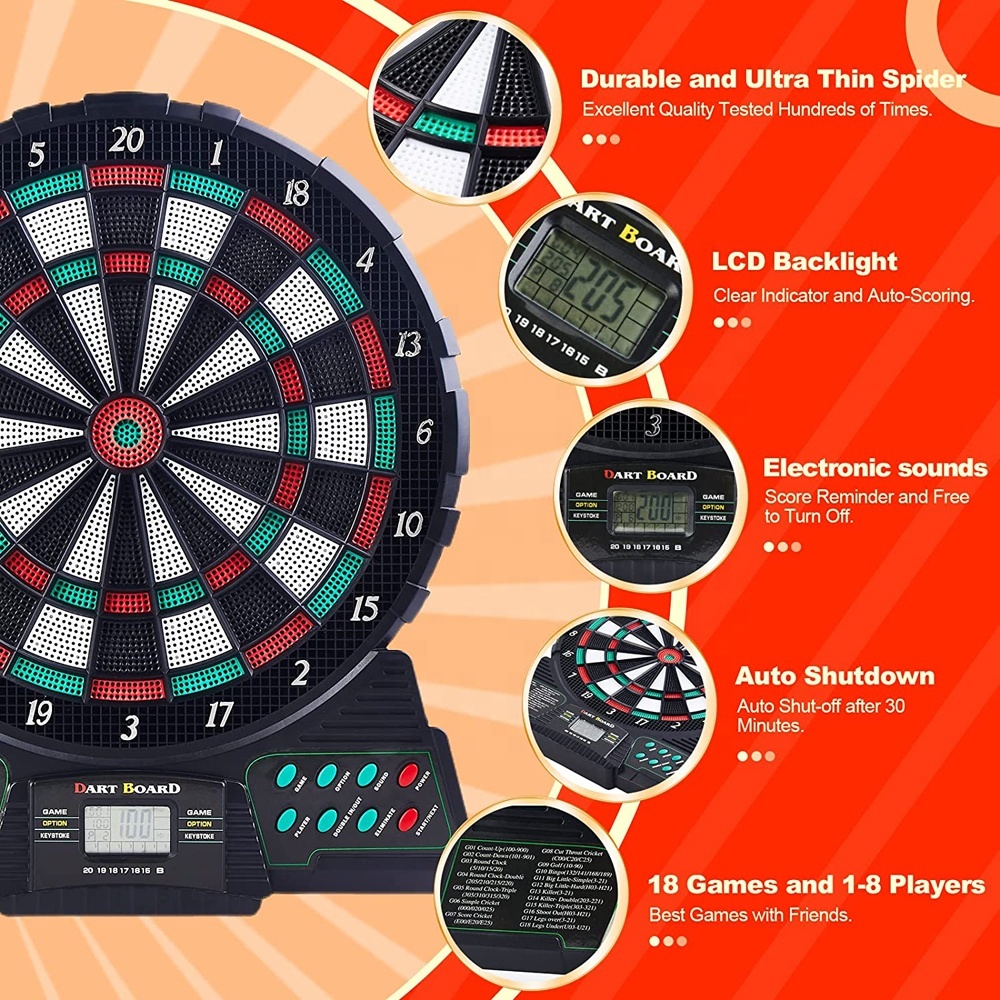 Cible électronique Fléchettes Avec écran LCD – 6 Fléchettes Souples, 15 Pouces, Pour Enfants Et Adultes, Scores Auto