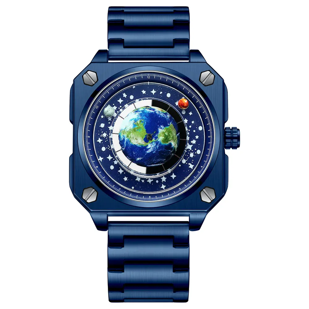 Blauwe Planeet Roestvrijstalen Rubberen Band Horloge 50M Waterdicht Gepersonaliseerd Uniek Heren Horloge