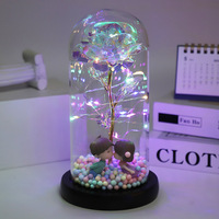 Rose éternelle en feuille d'or pour la Saint-Valentin, la fête des mères, fleur artificielle, lumière LED, rose préservée sous cloche en verre pour femmes et filles