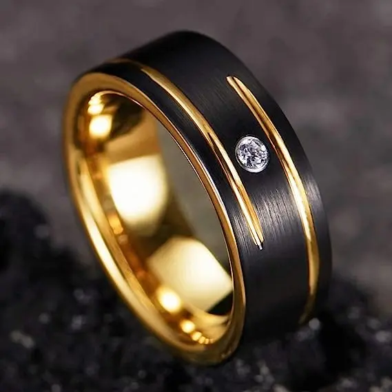 Wholesale custom 8mm tungsten carbide steel inlay Cz stone Gold Plated 18k Matte Wedding Rings Couple Set
