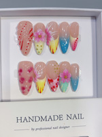 Faux ongles en acrylique à presser faits à la main, motif floral 3D rose, forme amande, dégradé coloré, imprimé floral aquarelle, décor à pois