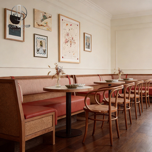 Sofá de Cuero Rojo Estilo Moderno de Mediados de Siglo, Silla de Madera Curvada, Mesa de Mármol con Patas de Metal para <span class=keywords><strong>Restaurante</strong></span>, Cafetería, Hotel - Product Image 1