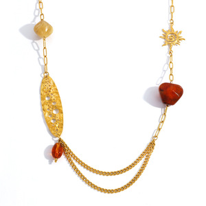 Collar de acero inoxidable con cadena de hojas retro y colgante de sol, cadena de suéter multicapa para mujer - Product Image 5