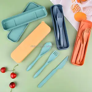 Eco Friendly Reusable Wheat Straw Camping Travel Fork Knife Spoon Flatware Cutlery Set with Box
